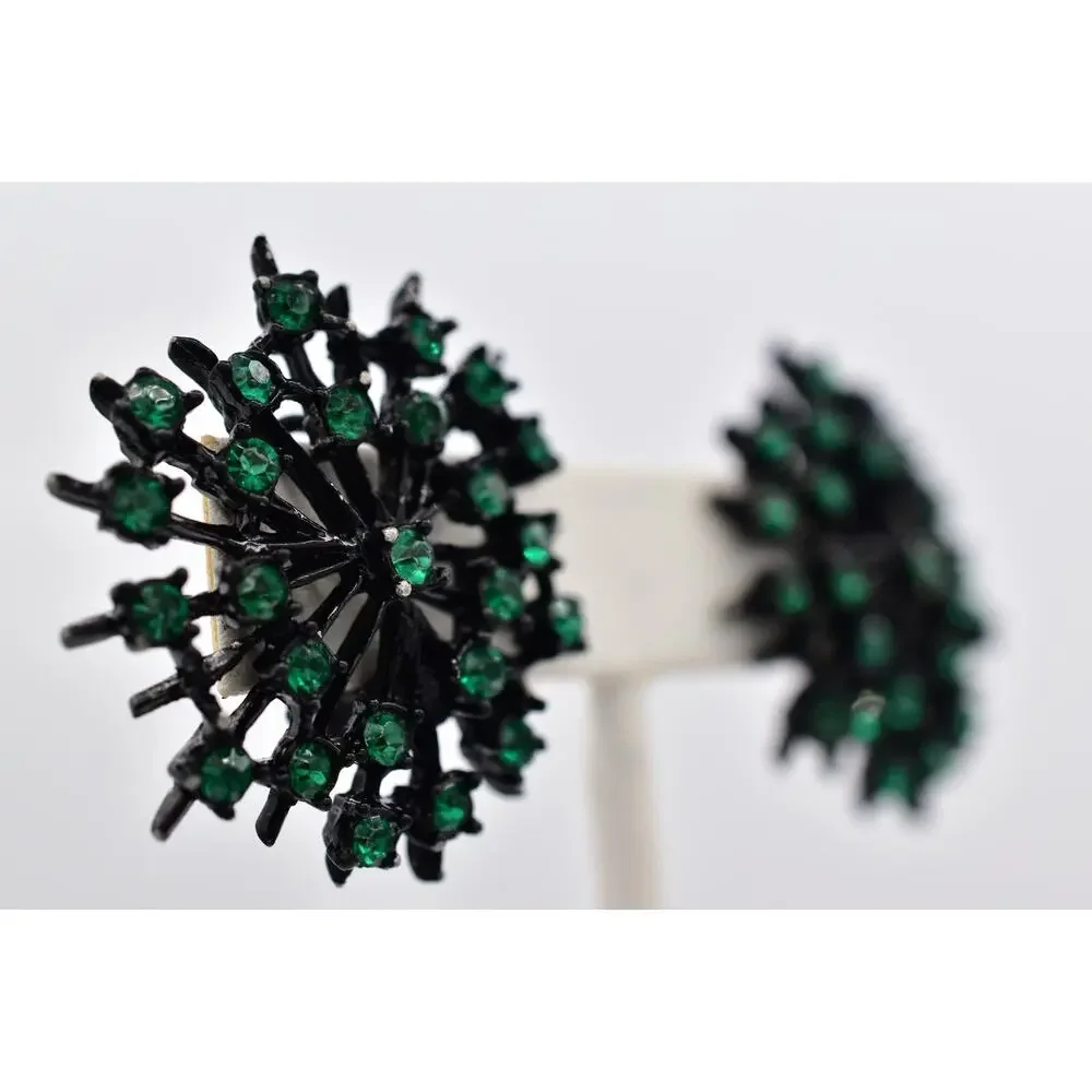 Vintage Crystal Clip On Earrings Starburst Green Rhinestone Black Metal BinBK